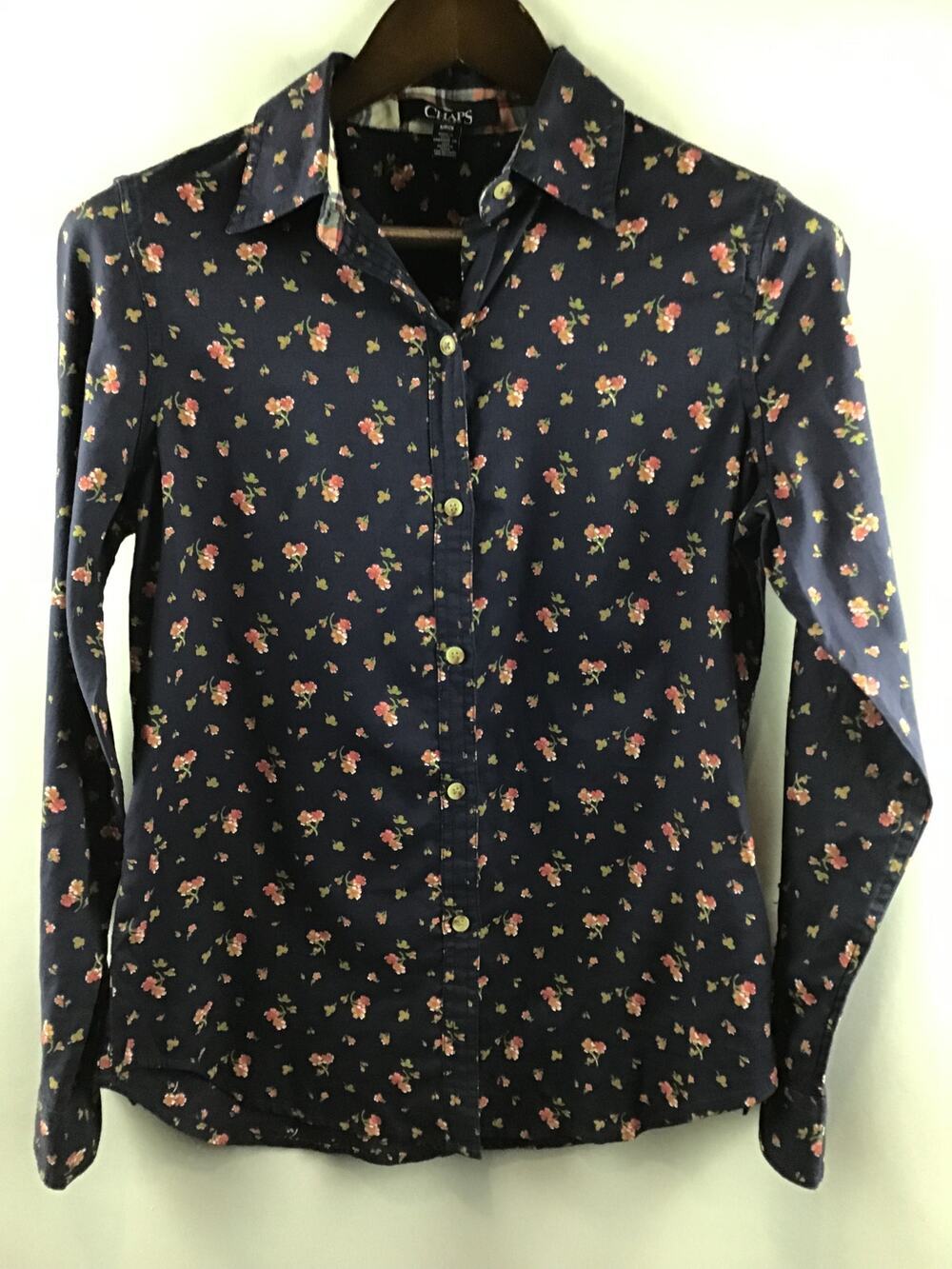 Womenโs Chaps Floral Navy Button Down Blouse Size Small